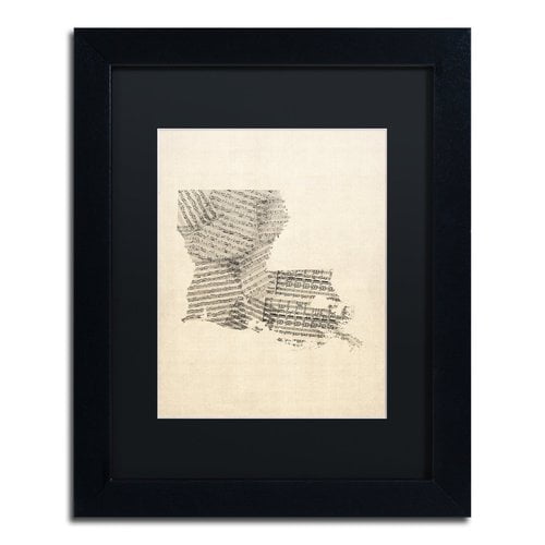 Trademark Fine Art "Old Sheet Music Map of Louisiana" Canvas Art by Michael Tompsett Black Matte, Black Frame