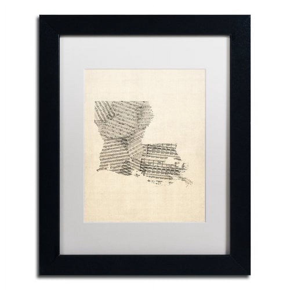 Trademark Fine Art "Old Sheet Music Map of Louisiana" Canvas Art by Michael Tompsett White Matte, Black Frame