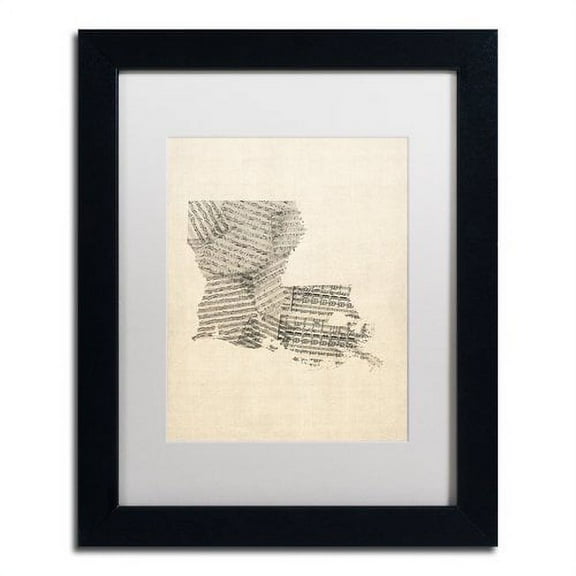 Trademark Fine Art "Old Sheet Music Map of Louisiana" Canvas Art by Michael Tompsett White Matte, Black Frame
