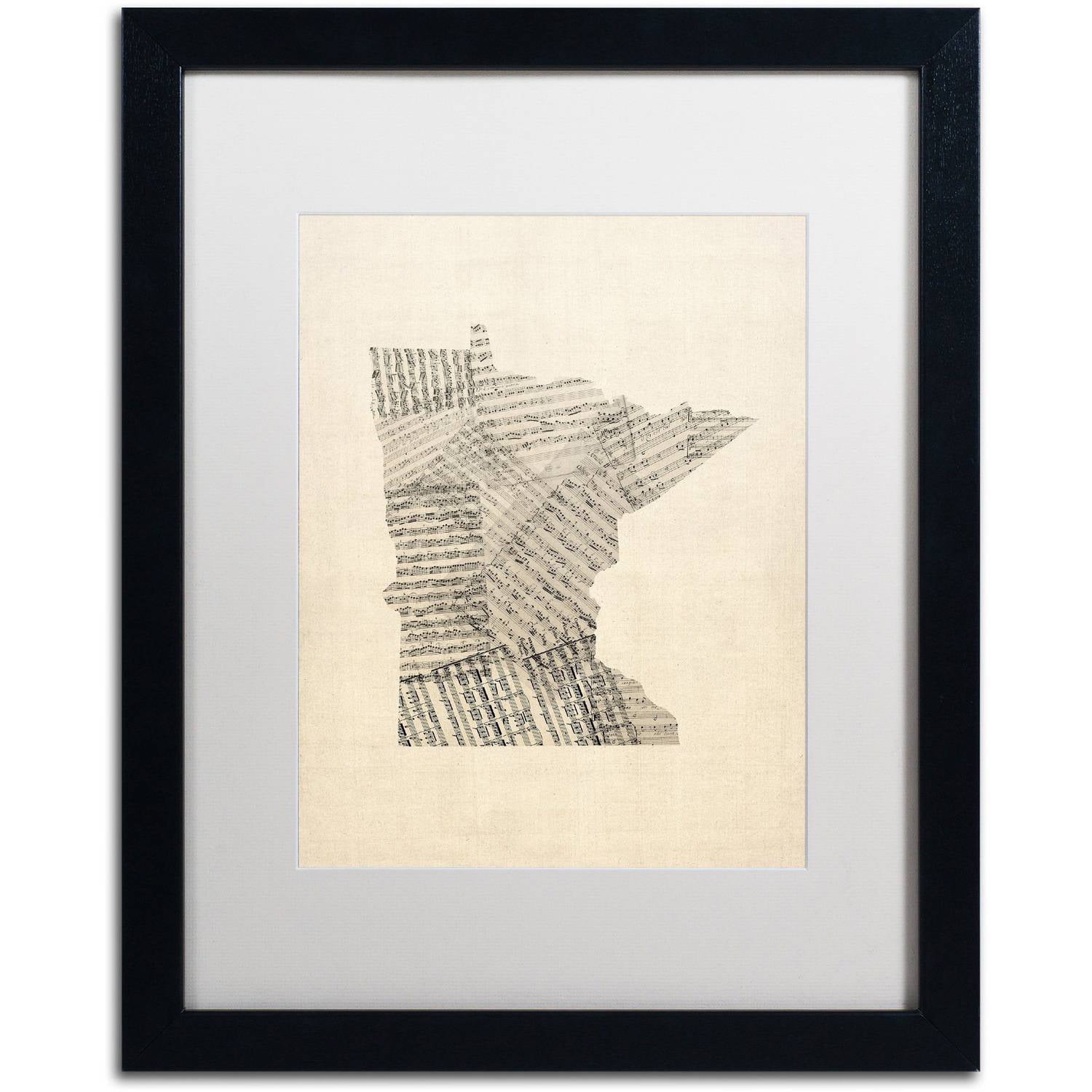 Trademark Fine Art 'Old Sheet Music Map of Minnesota' Canvas Art by Michael Tompsett, White Matte, Black Frame
