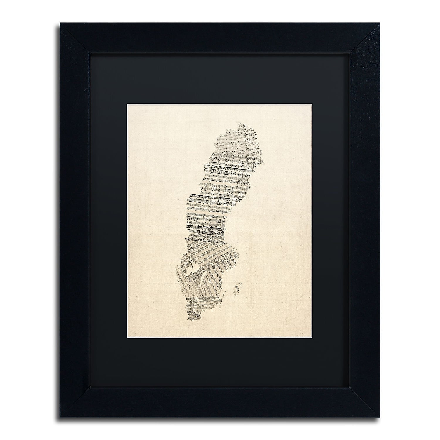 Trademark Fine Art 'Old Sheet Music Map of Sweden' Canvas Art by Michael Tompsett, Black Matte, Black Frame