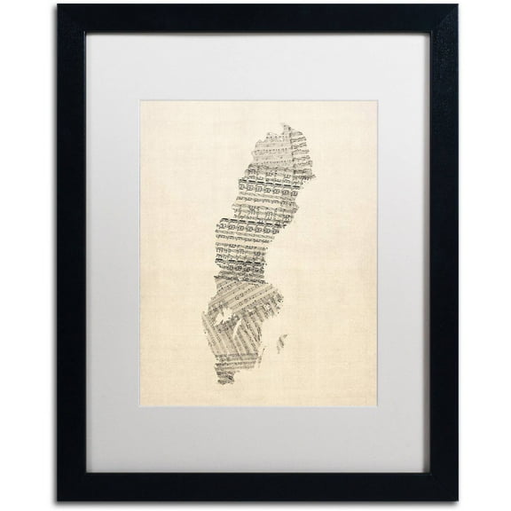 Trademark Fine Art 'Old Sheet Music Map of Sweden' Canvas Art by Michael Tompsett, White Matte, Black Frame