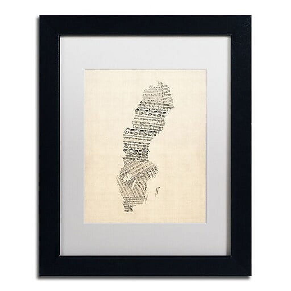 Trademark Fine Art 'Old Sheet Music Map of Sweden' Canvas Art by Michael Tompsett, White Matte, Black Frame