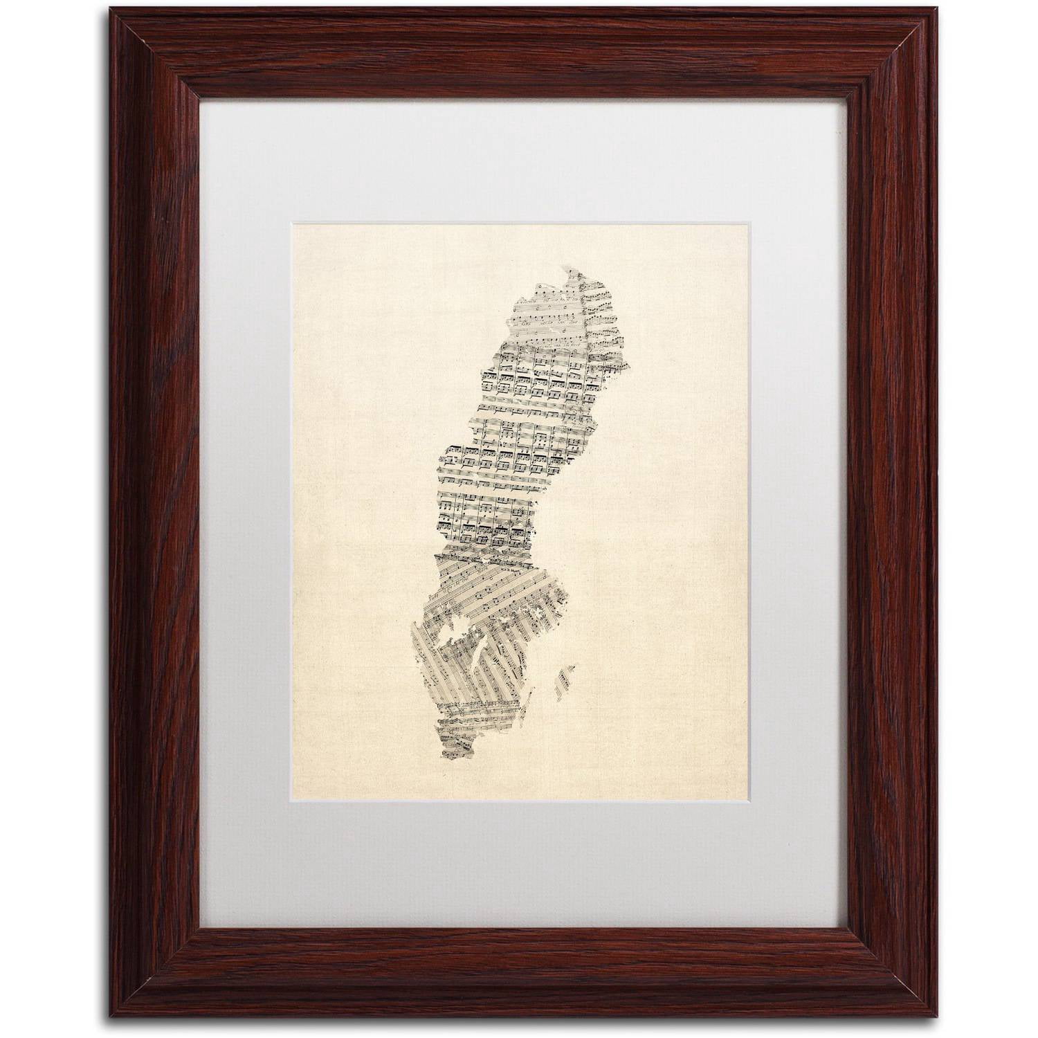 Trademark Fine Art 'Old Sheet Music Map of Sweden' Canvas Art by Michael Tompsett, White Matte, Wood Frame
