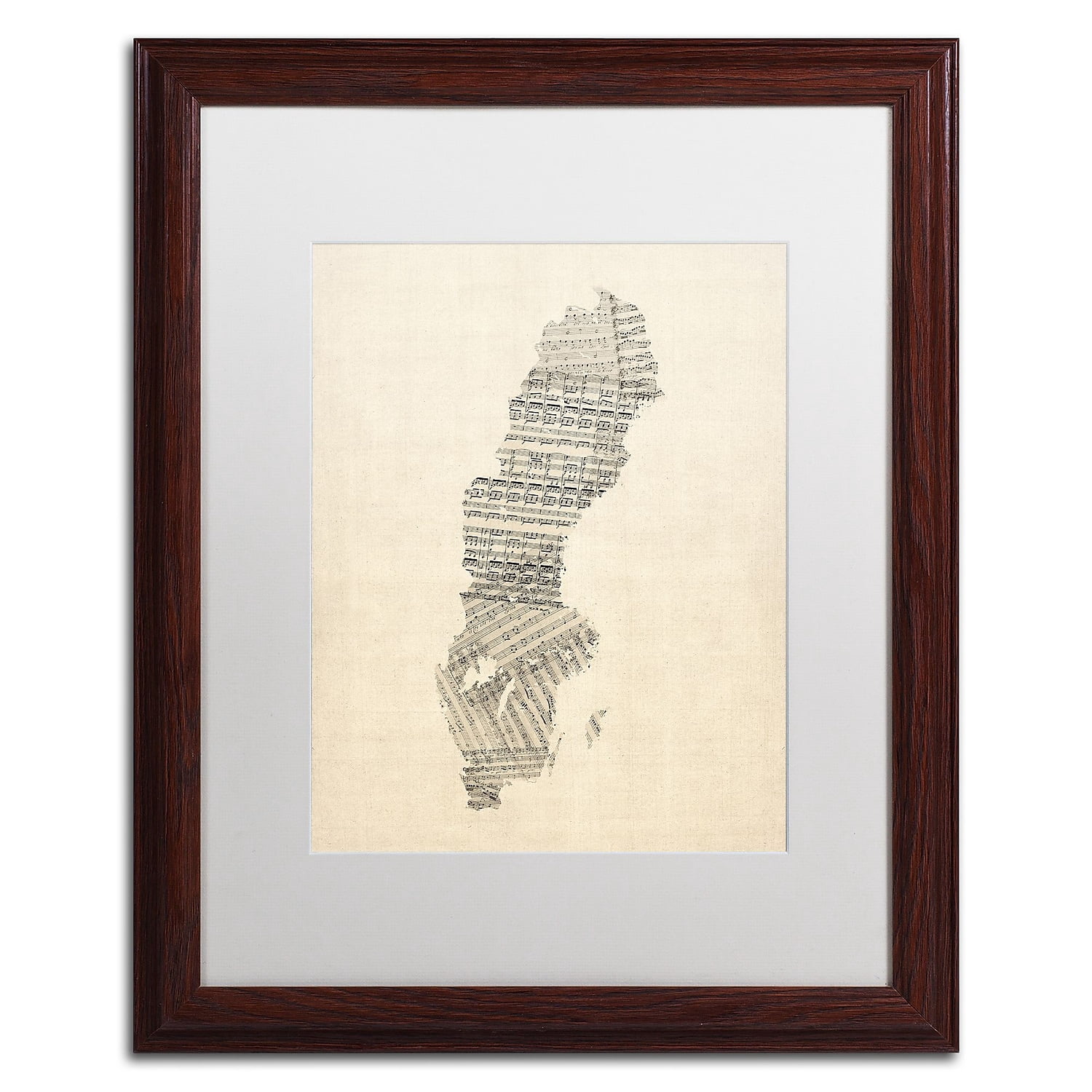 Trademark Fine Art 'Old Sheet Music Map of Sweden' Canvas Art by Michael Tompsett, White Matte, Wood Frame