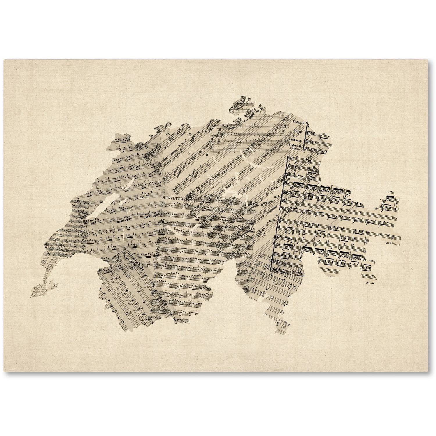 Trademark Fine Art "Old Sheet Music Map of Switzerland" Canvas Art by Michael Tompsett