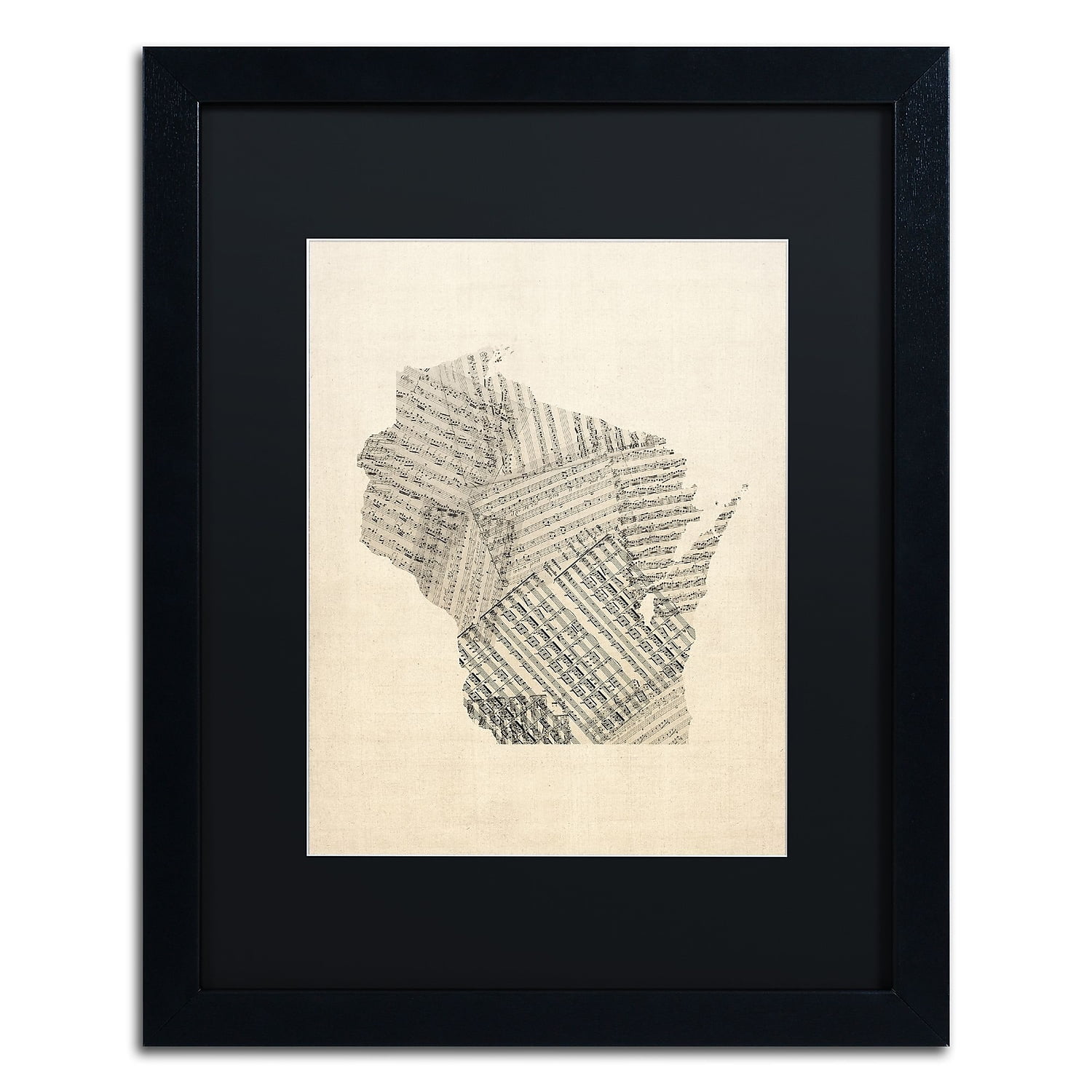 Trademark Fine Art 'Old Sheet Music Map of Wisconsin' Canvas Art by Michael Tompsett, Black Matte, Black Frame