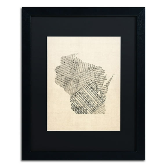 Trademark Fine Art 'Old Sheet Music Map of Wisconsin' Canvas Art by Michael Tompsett, Black Matte, Black Frame