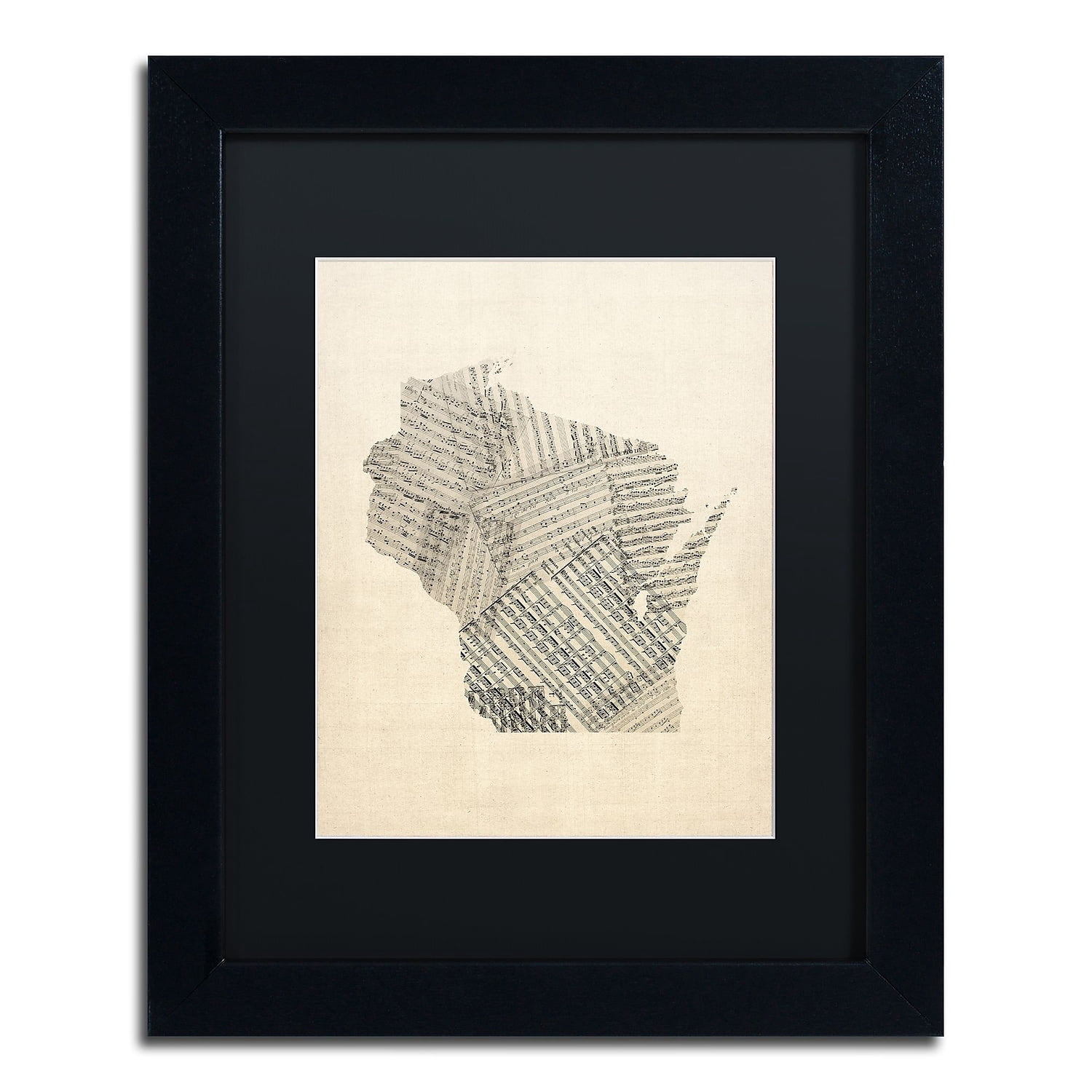 Trademark Fine Art 'Old Sheet Music Map of Wisconsin' Canvas Art by Michael Tompsett, Black Matte, Black Frame