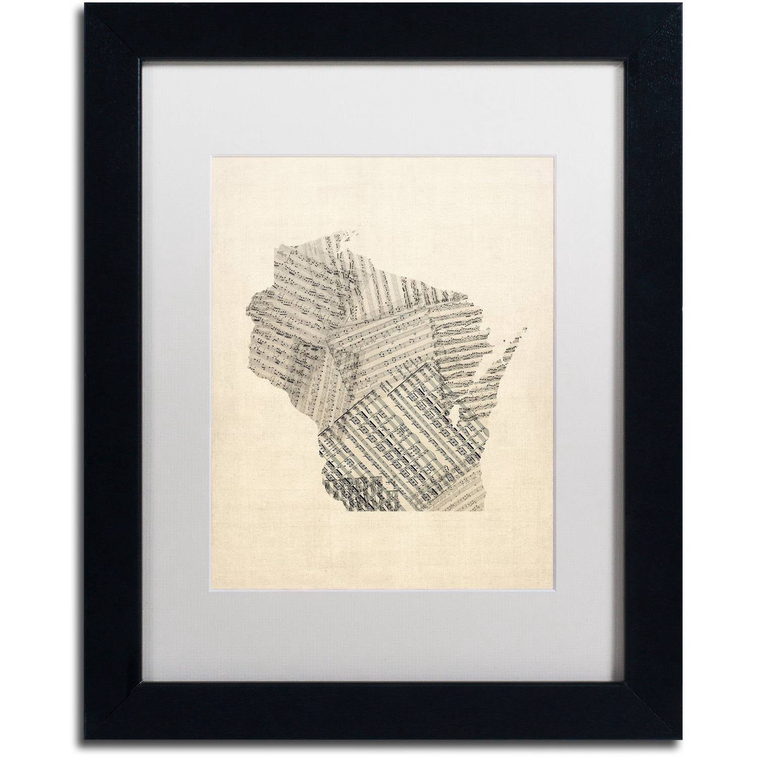 Trademark Fine Art 'Old Sheet Music Map of Wisconsin' Canvas Art by Michael Tompsett, White Matte, Black Frame