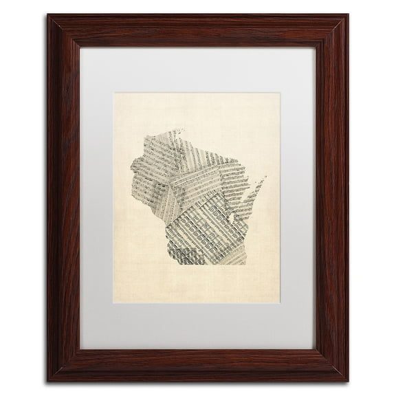 Trademark Fine Art 'Old Sheet Music Map of Wisconsin' Canvas Art by Michael Tompsett, White Matte, Wood Frame