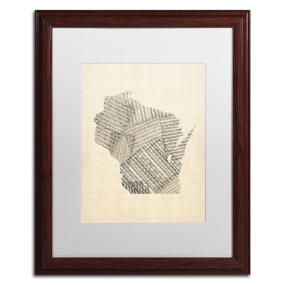 Trademark Fine Art 'Old Sheet Music Map of Wisconsin' Canvas Art by Michael Tompsett, White Matte, Wood Frame