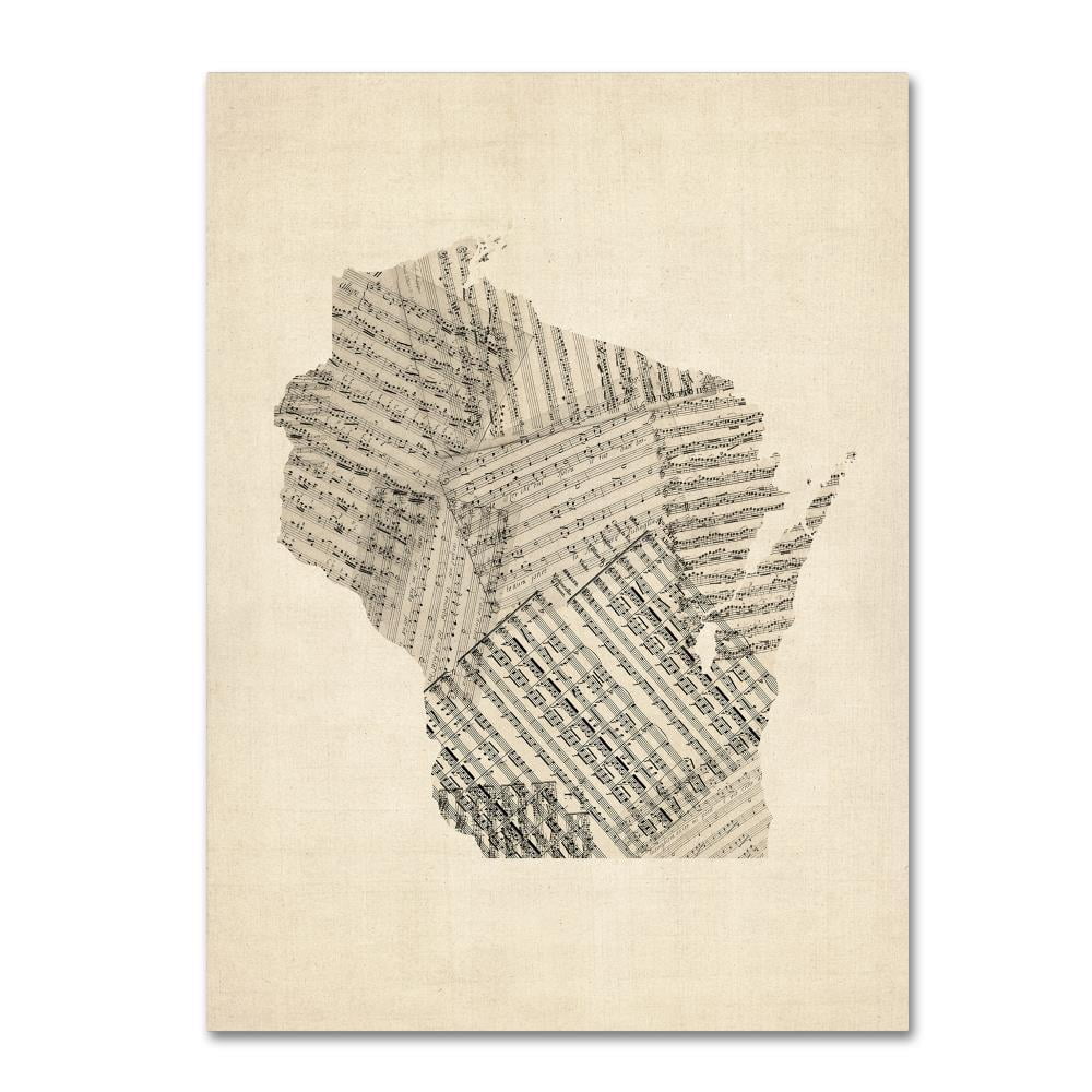 Trademark Fine Art "Old Sheet Music Map of Wisconsin" Canvas Art by Michael Tompsett