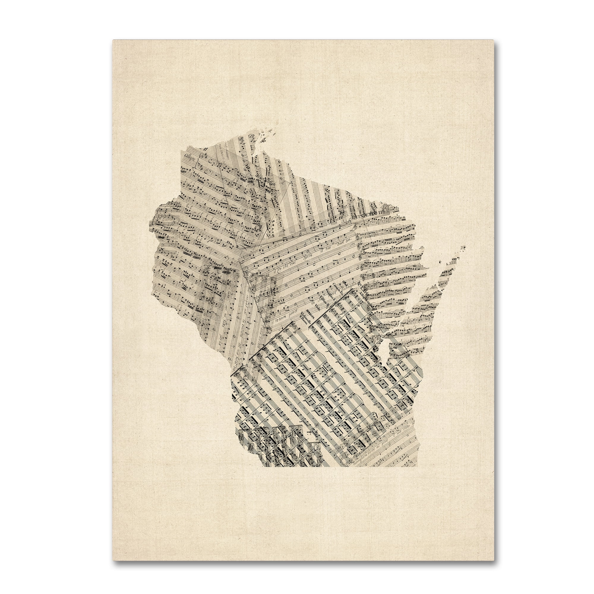 Trademark Fine Art "Old Sheet Music Map of Wisconsin" Canvas Art by Michael Tompsett