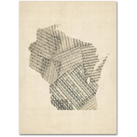 Trademark Fine Art "Old Sheet Music Map of Wisconsin" Canvas Art by Michael Tompsett