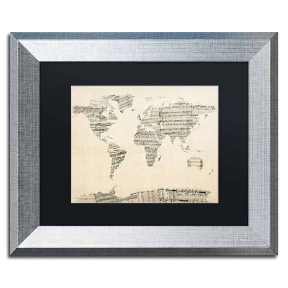 Trademark Fine Art "Old Sheet Music World Map" Canvas Art by Michael Tompsett Black Matte, Silver Frame
