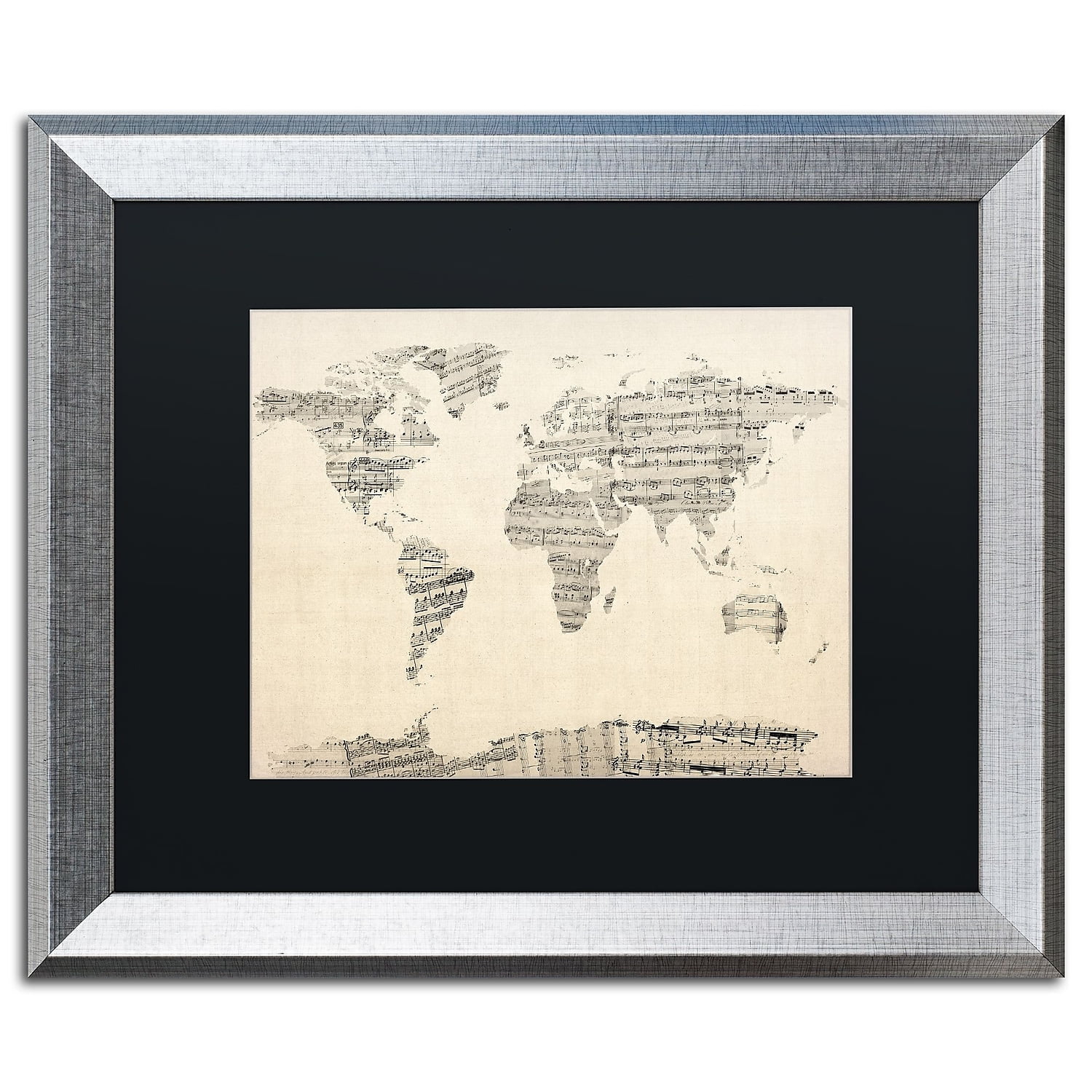 Trademark Fine Art "Old Sheet Music World Map" Canvas Art by Michael Tompsett Black Matte, Silver Frame