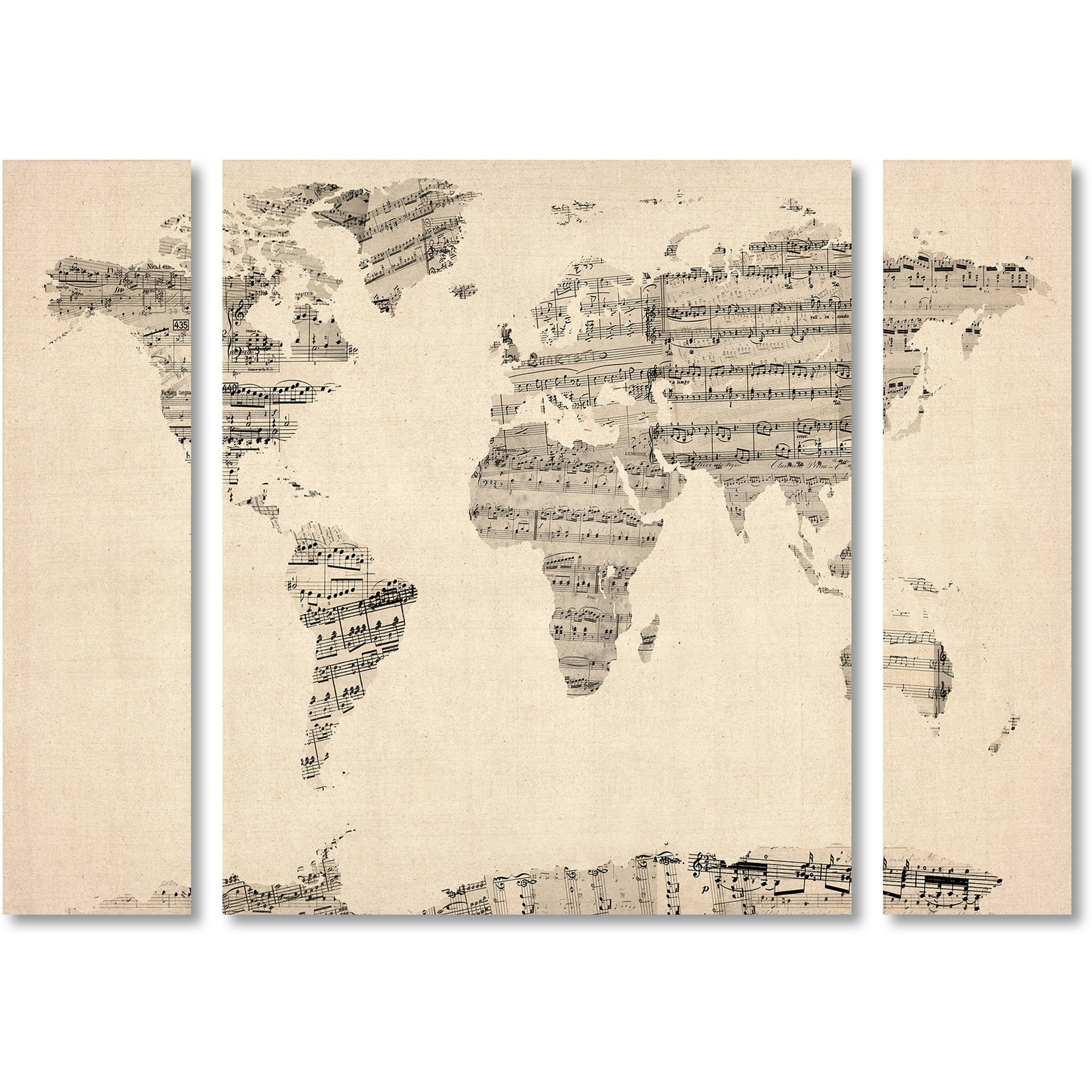 Trademark Fine Art "Old Sheet Music World Map" Canvas Art by Michael Tompsett Three Panel Set