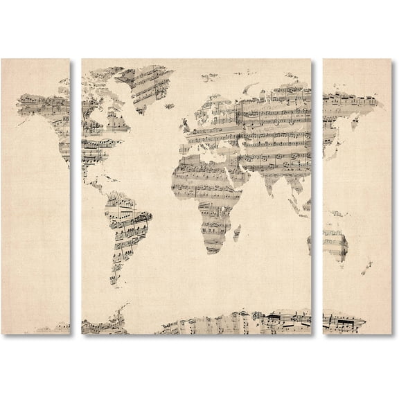 Trademark Fine Art "Old Sheet Music World Map" Canvas Art by Michael Tompsett Three Panel Set