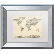 Trademark Fine Art "Old Sheet Music World Map" Canvas Art by Michael Tompsett White Matte, Silver Frame