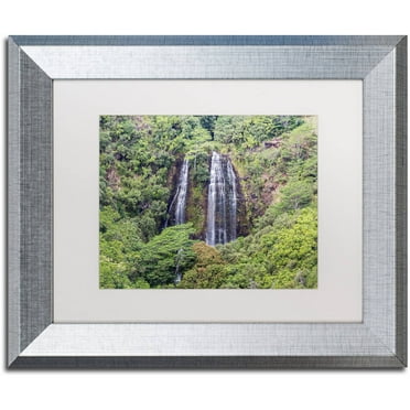 Trademark Fine Art 'Opaekaa Falls' Canvas Art by Pierre Leclerc, White Matte, Silver Frame
