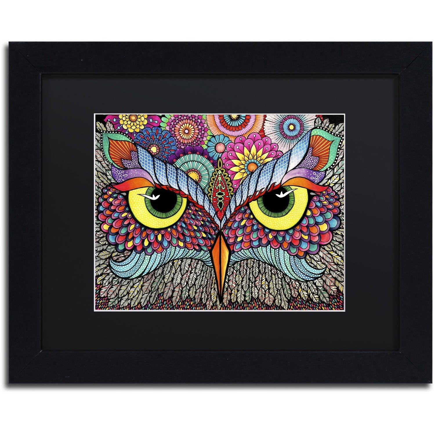 Trademark Fine Art "Owl Face" Canvas Art by Hello Angel, Black Matte, Black Frame