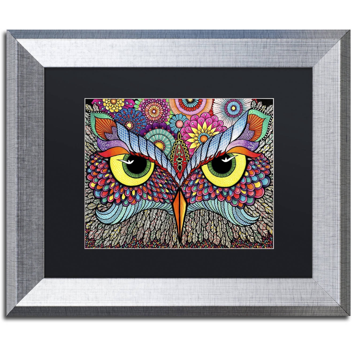 Trademark Fine Art "Owl Face" Canvas Art by Hello Angel, Black Matte, Silver Frame