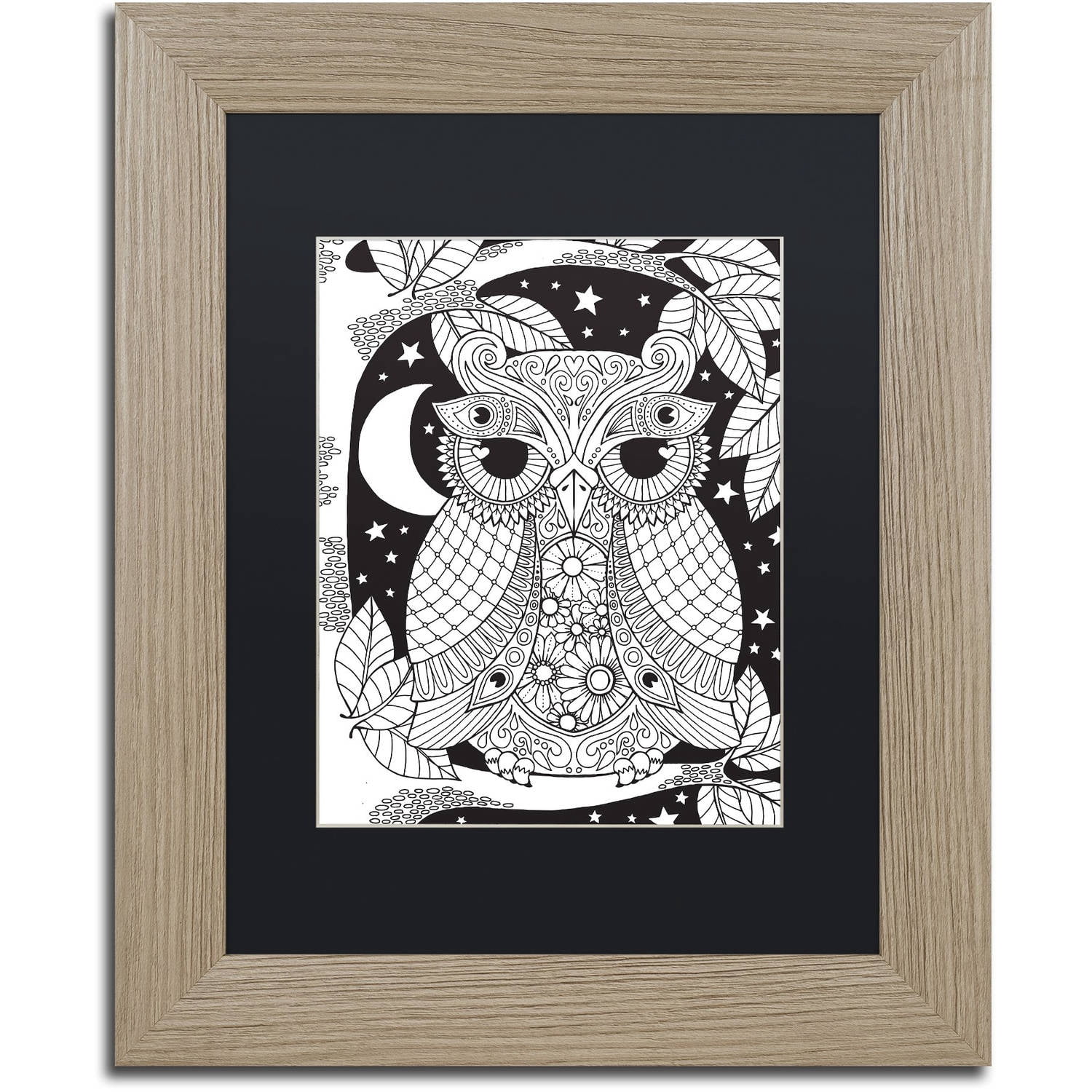 Trademark Fine Art "Owl on a Branch" Canvas Art by Hello Angel, Black Matte, Birch Frame