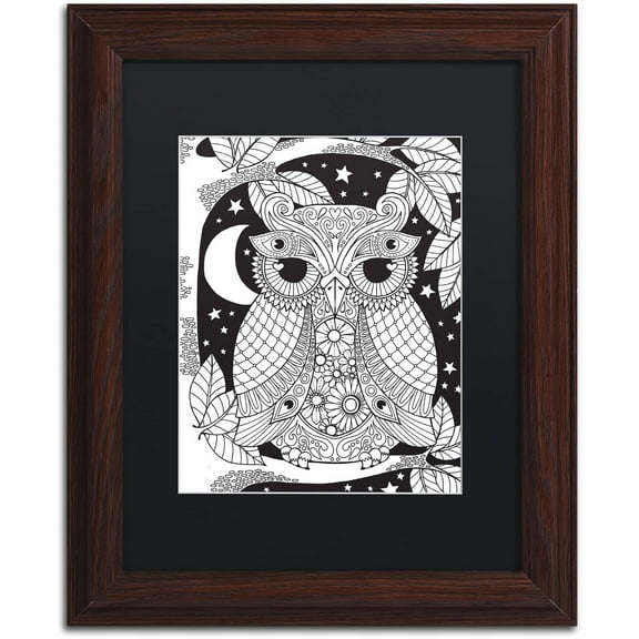 Trademark Fine Art "Owl on a Branch" Canvas Art by Hello Angel, Black Matte, Wood Frame
