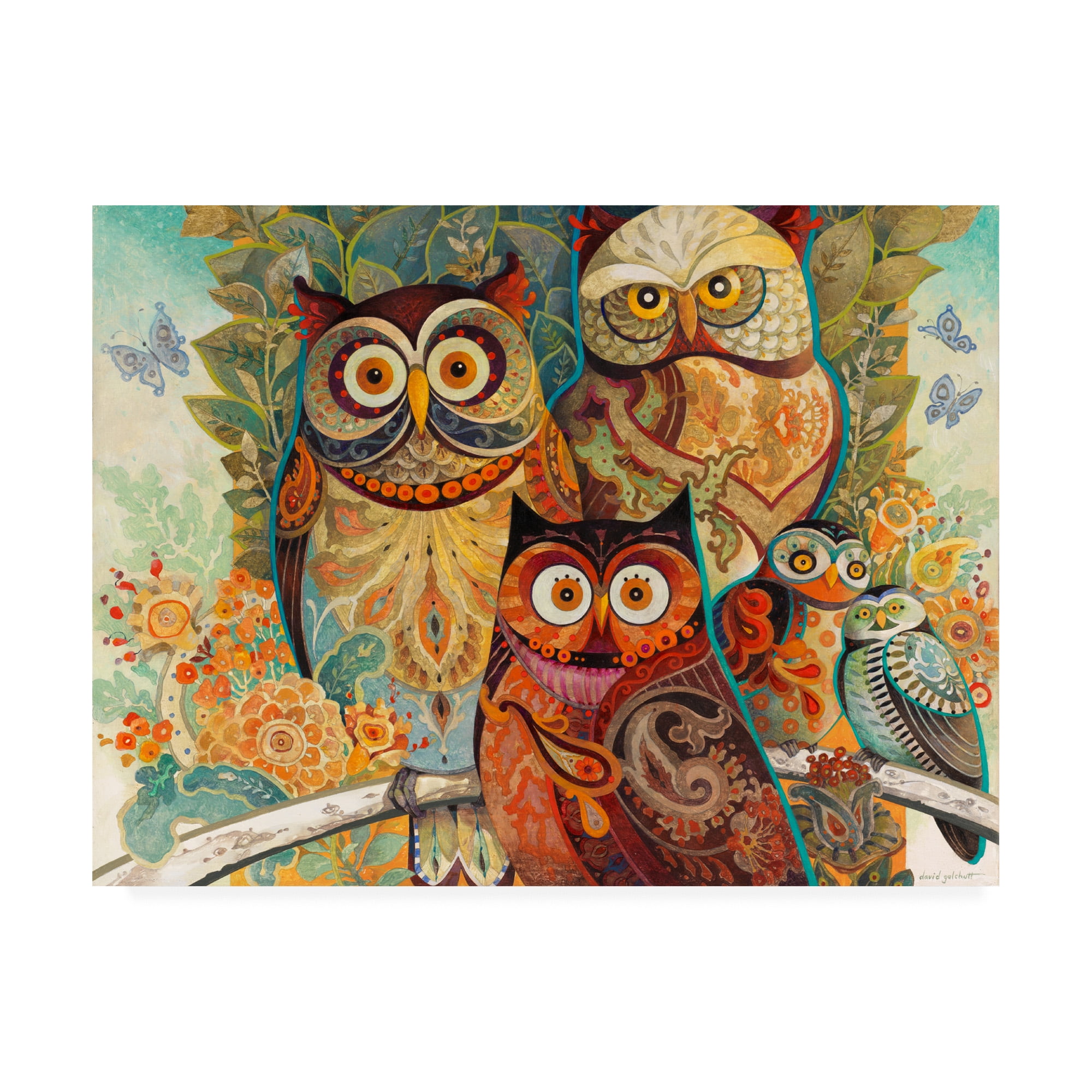 Trademark Fine Art 'Owls On Floral Branch' Canvas Art by David Galchutt