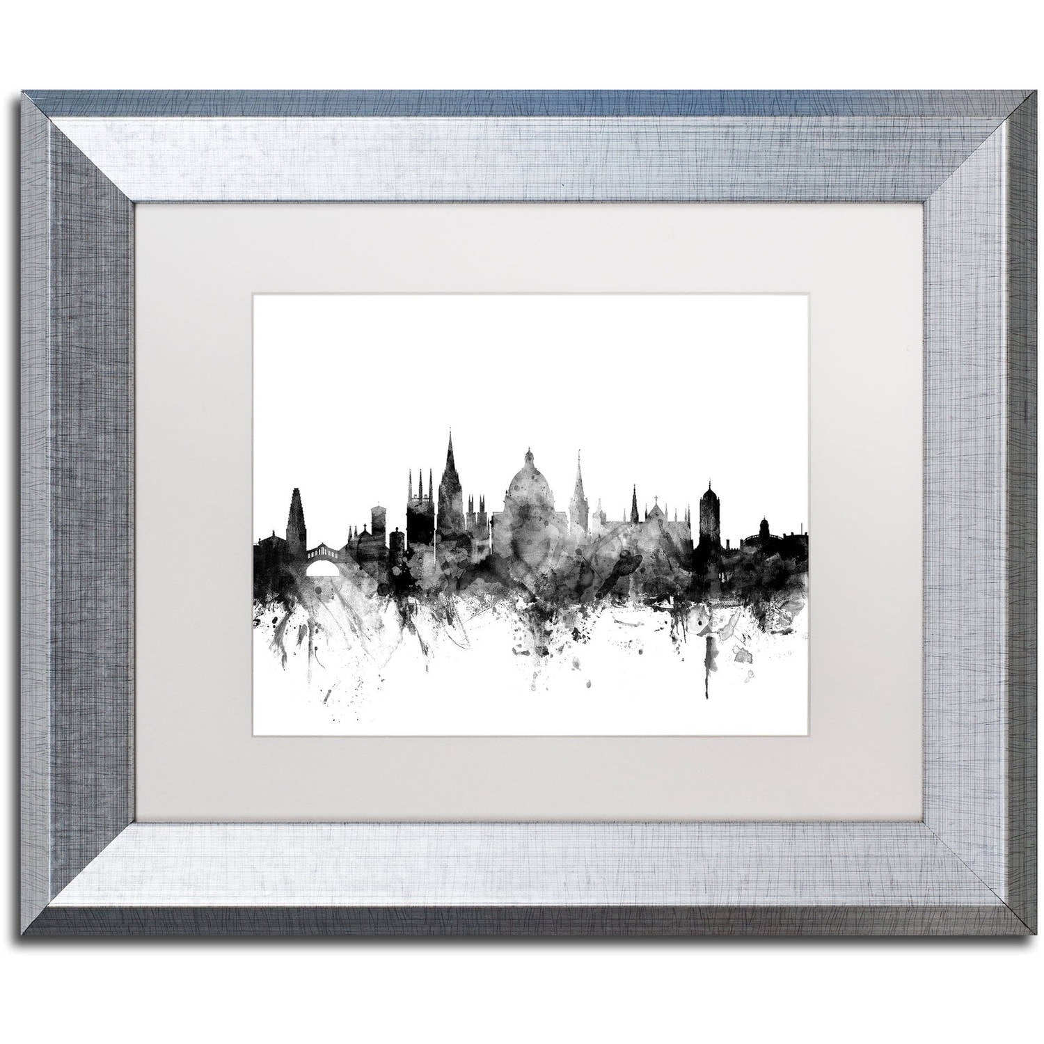 Trademark Fine Art "Oxford England Skyline B&W" Canvas Art by Michael Tompsett, White Matte, Silver Frame