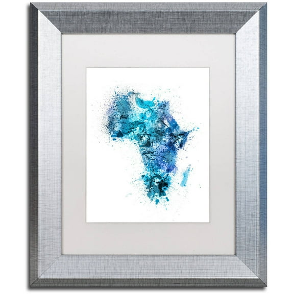 Trademark Fine Art "Paint Splashes Map of Africa" Canvas Art by Michael Tompsett, White Matte, Silver Frame