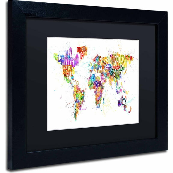 Trademark Fine Art "Paint Splashes Text Map of the World" Canvas Art by Michael Tompsett, Black Matte, Black Frame