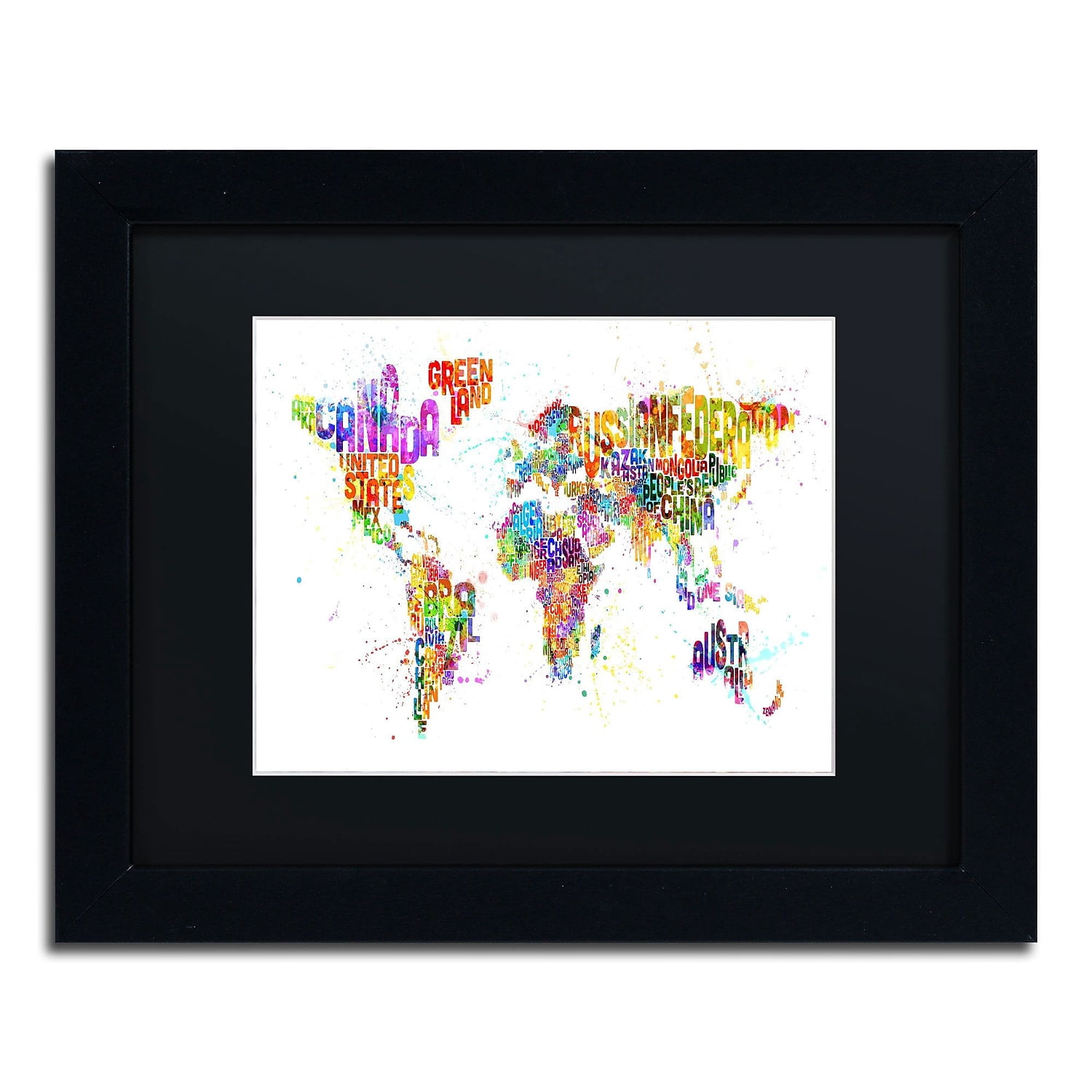 Trademark Fine Art "Paint Splashes Text Map of the World" Canvas Art by Michael Tompsett, Black Matte, Black Frame