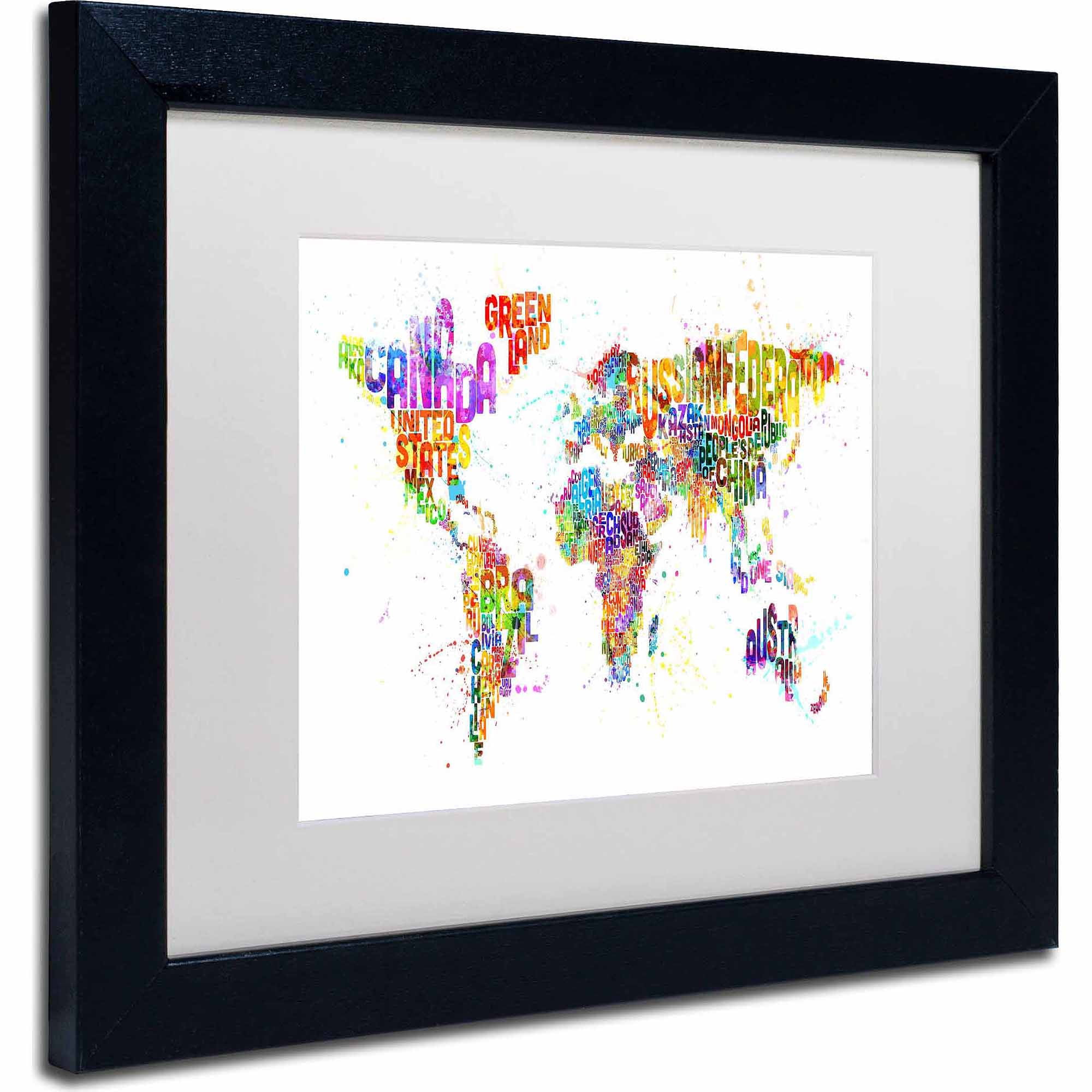 Trademark Fine Art "Paint Splashes Text Map of the World" Canvas Art by Michael Tompsett, White Matte, Black Frame