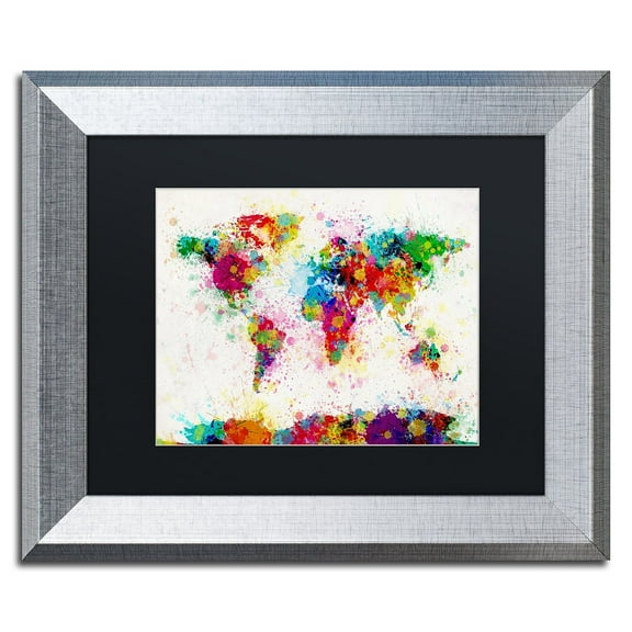 Trademark Fine Art "Paint Splashes World Map" Canvas Art by Michael Tompsett Black Matte, Silver Frame