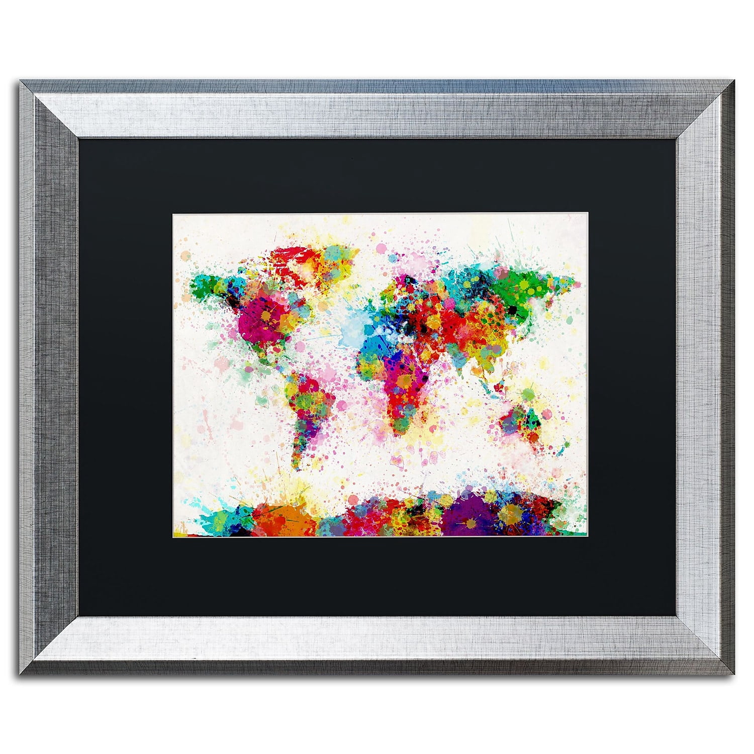 Trademark Fine Art "Paint Splashes World Map" Canvas Art by Michael Tompsett Black Matte, Silver Frame