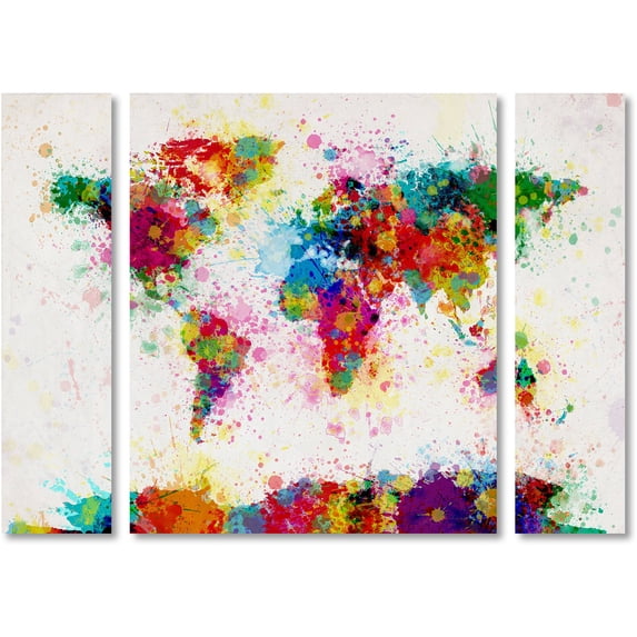 Trademark Fine Art "Paint Splashes World Map" Canvas Art by Michael Tompsett Three Panel Set