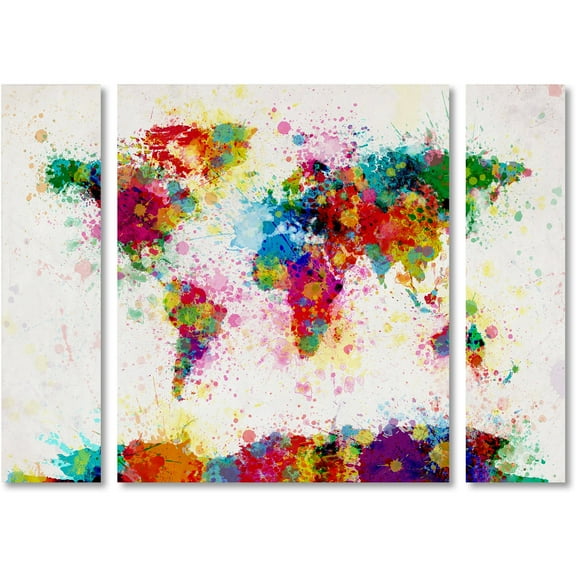 Trademark Fine Art "Paint Splashes World Map" Canvas Art by Michael Tompsett Three Panel Set