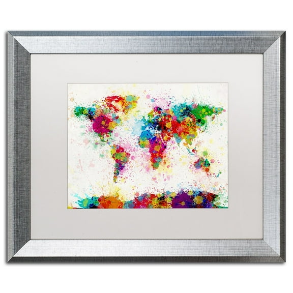 Trademark Fine Art "Paint Splashes World Map" Canvas Art by Michael Tompsett White Matte, Silver Frame