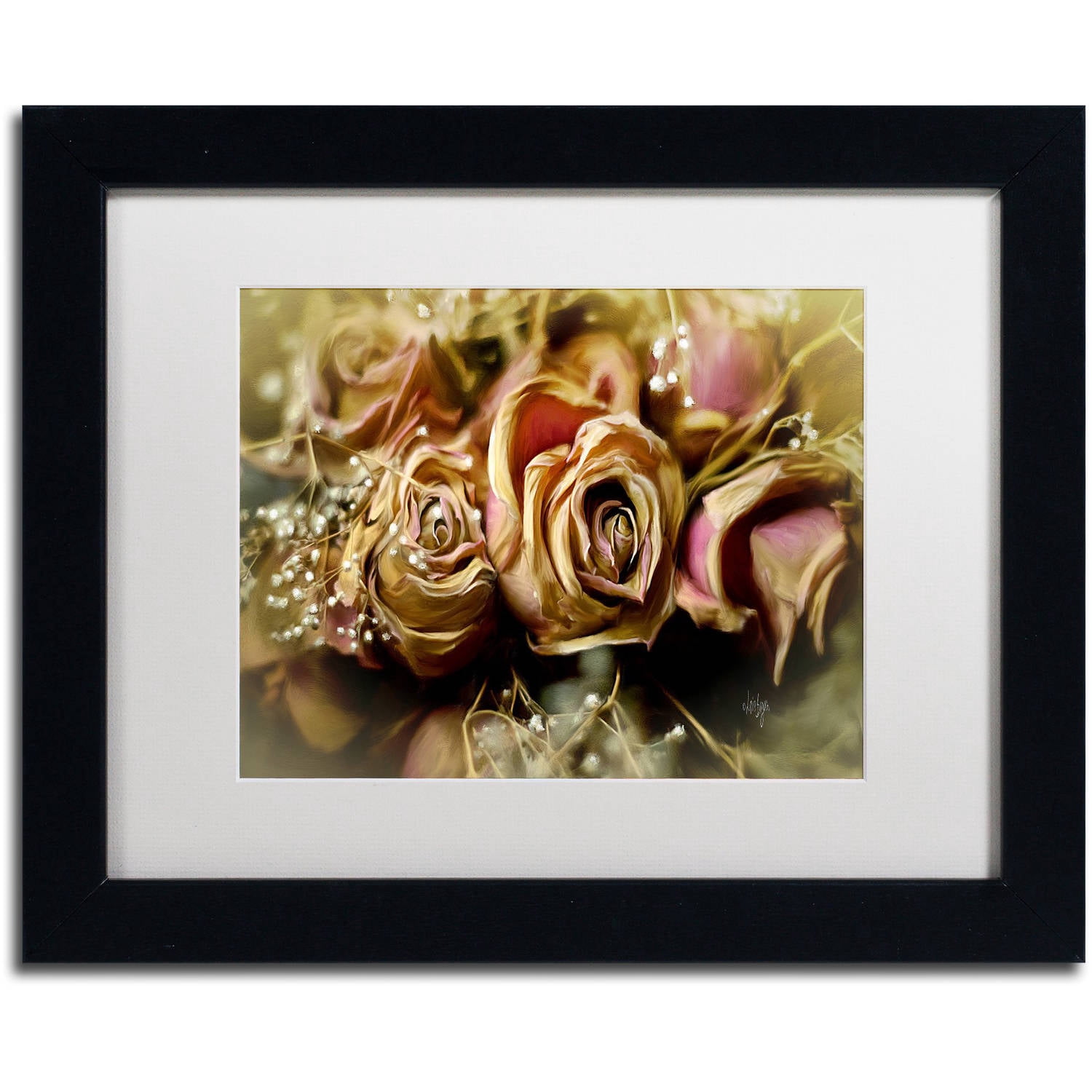 Trademark Fine Art "Painted Old Roses" Canvas Art by Lois Bryan White Matte, Black Frame