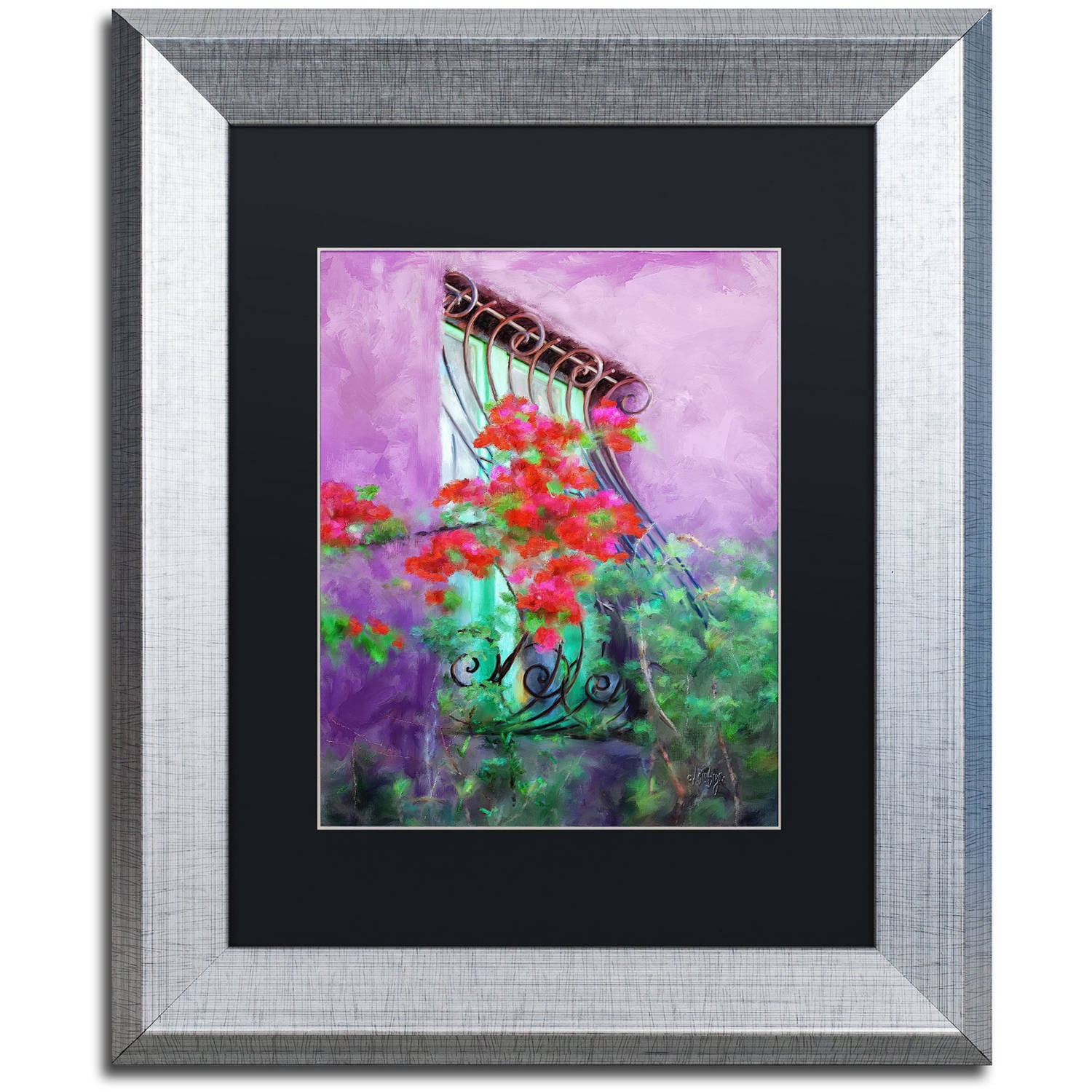 Trademark Fine Art "Painted Rose Covered Window" Canvas Art by Lois Bryan Black Matte, Silver Frame