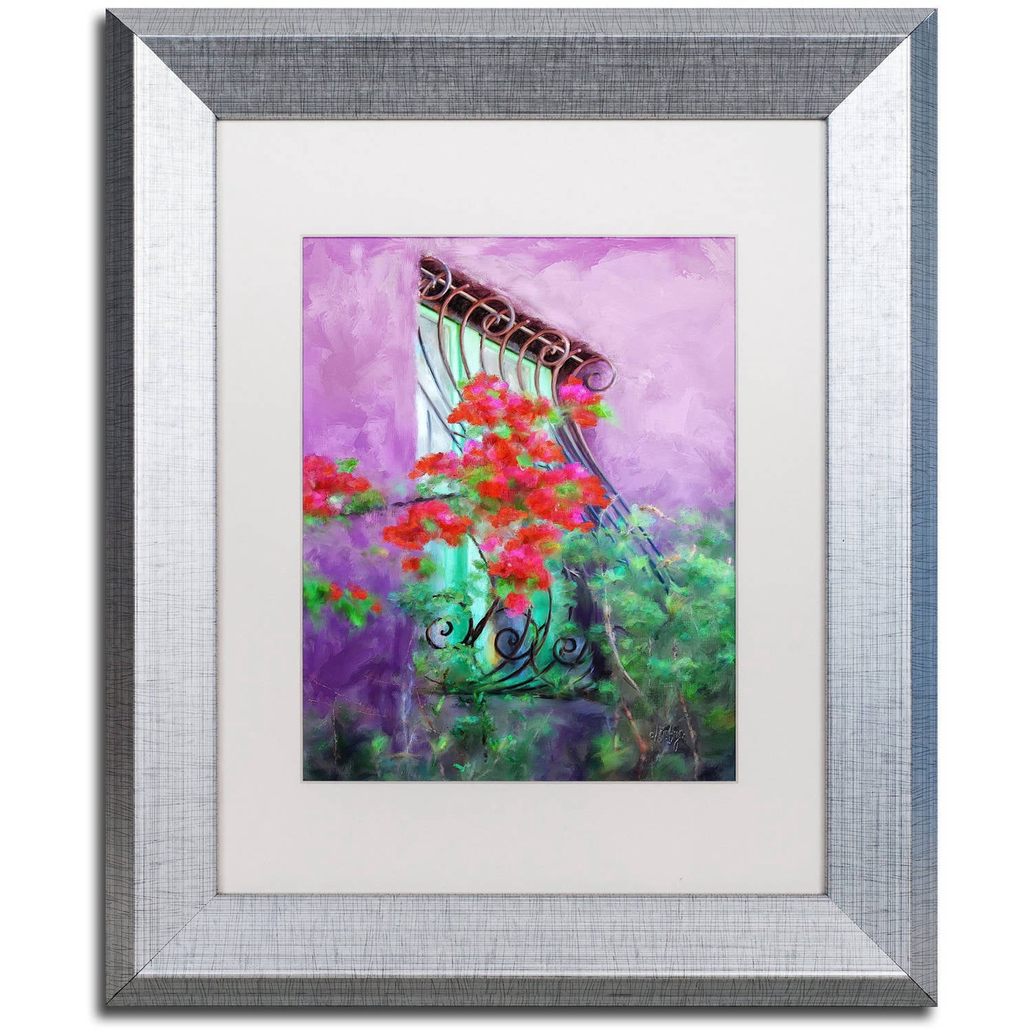 Trademark Fine Art "Painted Rose Covered Window" Canvas Art by Lois Bryan White Matte, Silver Frame