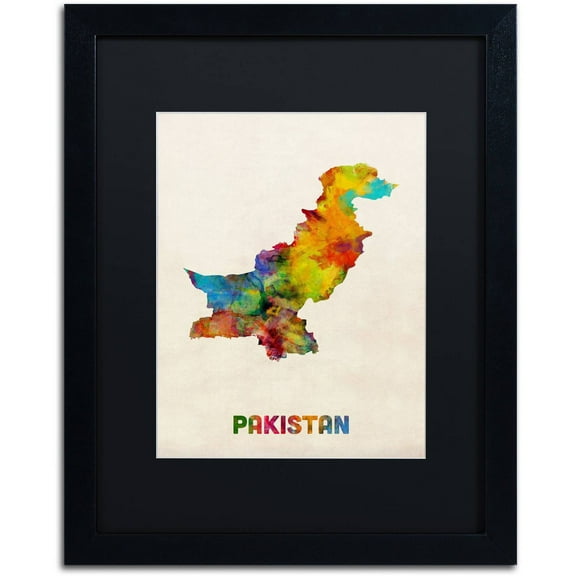 Trademark Fine Art 'Pakistan Watercolor Map' Canvas Art by Michael Tompsett, Black Matte, Black Frame