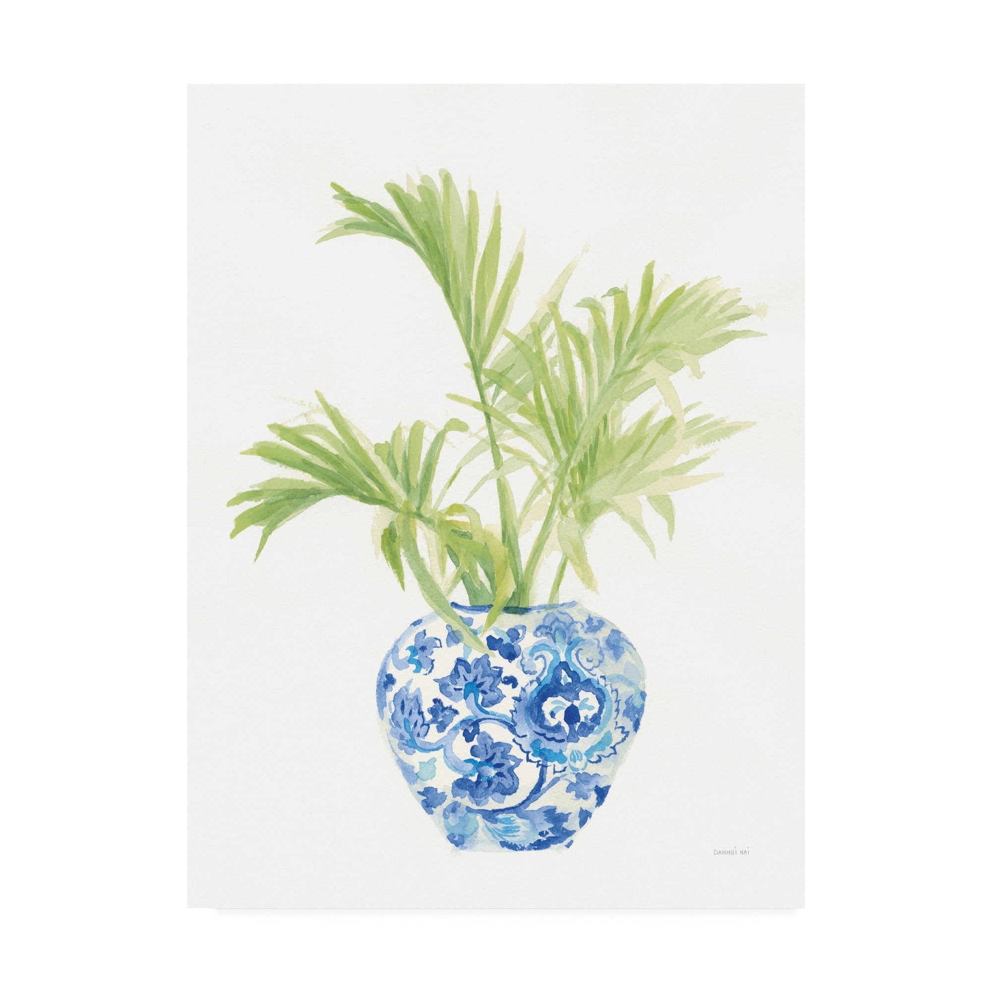 Tall Green Plant in Blue and White Vase Canvas Print