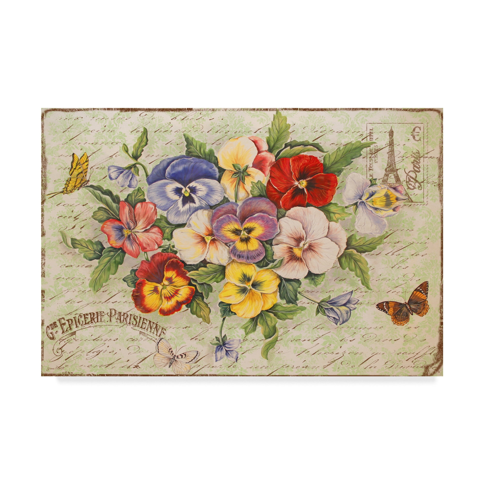 Trademark Fine Art 'Pansies And Butterflies' Canvas Art by Jean Plout