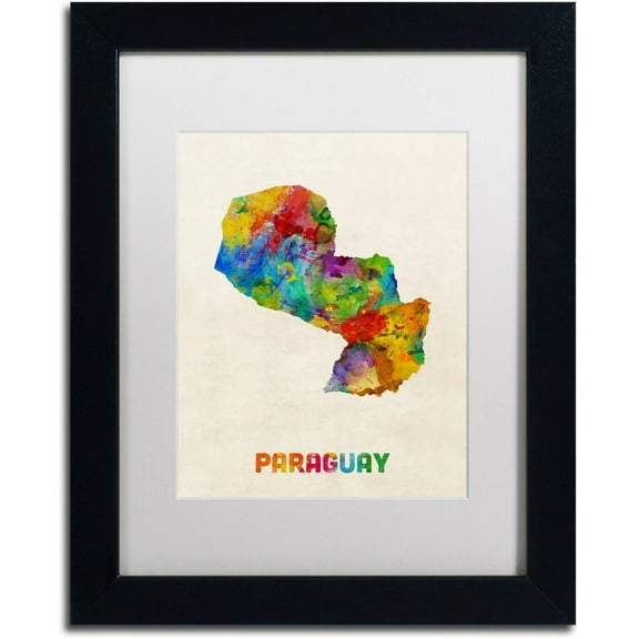 Trademark Fine Art "Paraguay Watercolor Map" Canvas Art by Michael Tompsett White Matte, Black Frame