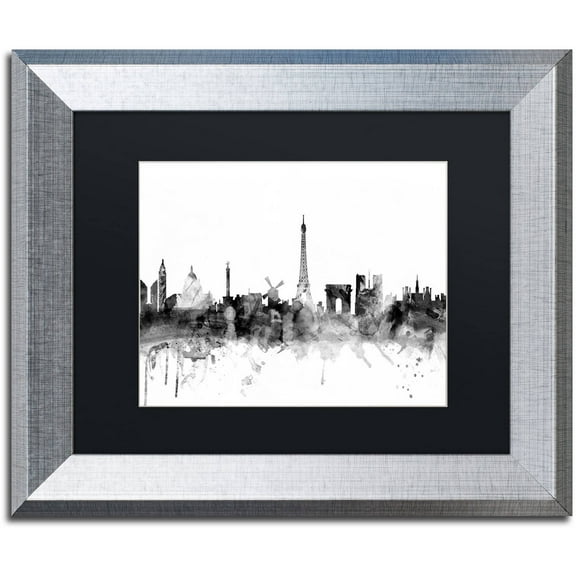 Trademark Fine Art "Paris France Skyline B&W" Canvas Art by Michael Tompsett, Black Matte, Silver Frame