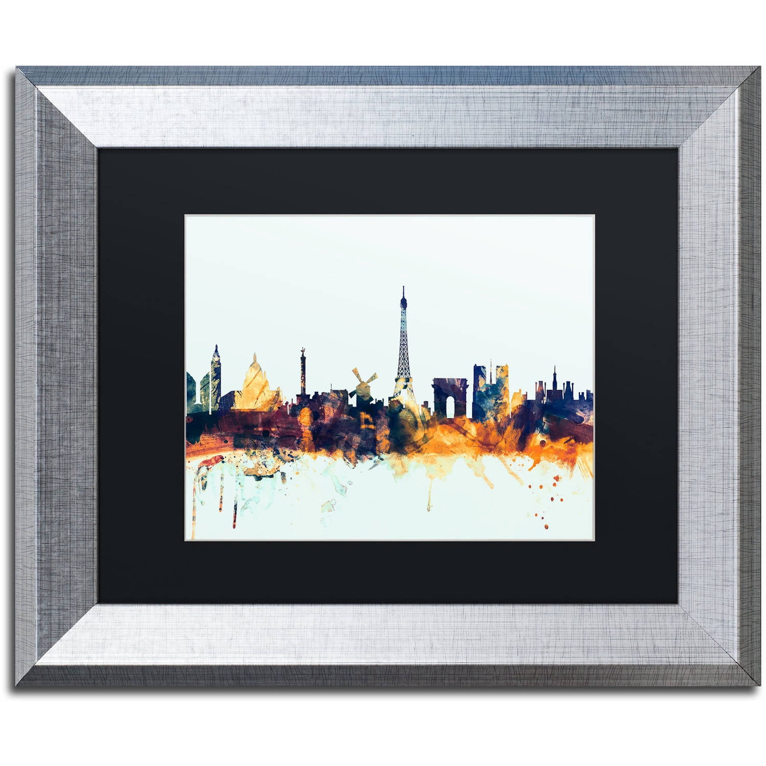 Trademark Fine Art "Paris France Skyline Blue" Canvas Art by Michael Tompsett, Black Matte, Silver Frame