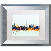 Trademark Fine Art "Paris France Skyline Blue" Canvas Art by Michael Tompsett, White Matte, Silver Frame